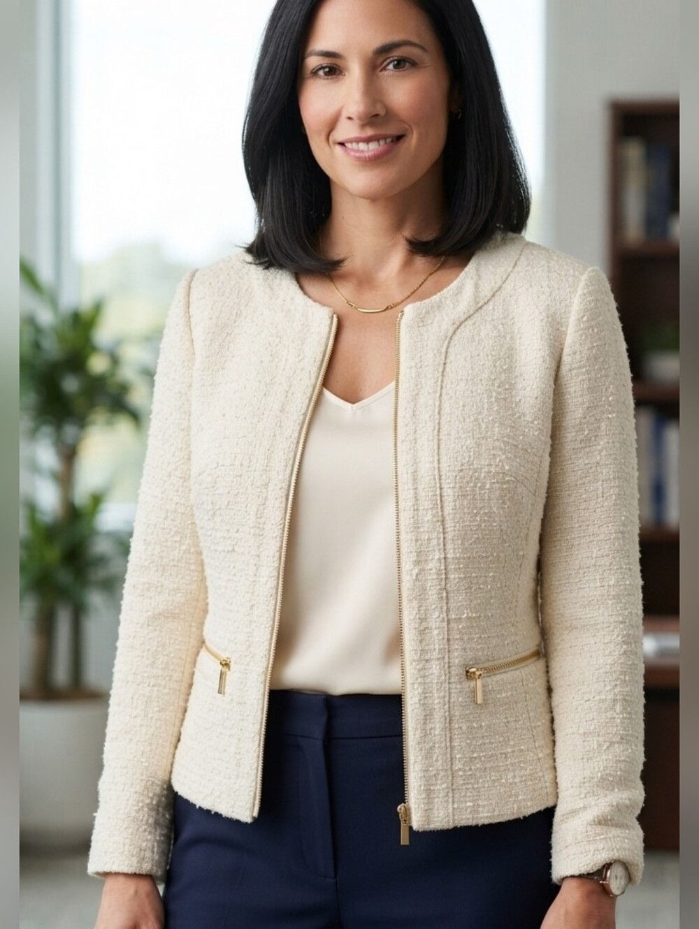 Alfani Women's Jacket Size 6 Cream Textured Boucle Weave Full Zip Pockets